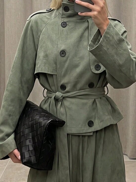 Jackets & Blazers - Green Elegant Women's Funnel Neck Belted Raglan Oversized Trench Coat
